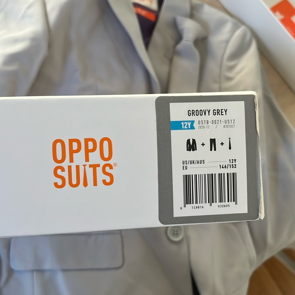 NWT OppoSuits light grey youth size 12 suit - Jacket, pants and clip on toe